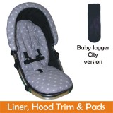 Matching Liner, Hood Trim & Harness Pads Package to fit Baby Jogger City Pushchairs - Silver Star Design